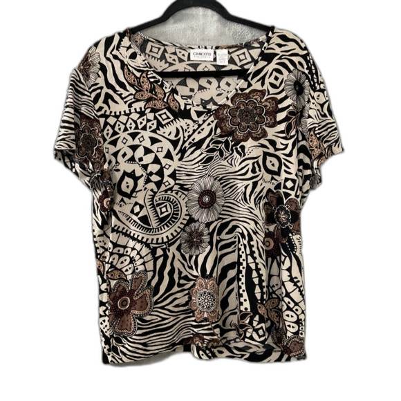 Chico's Travelers Tribal Floral blouse top women’s size 1/M browns v neck SS - Picture 1 of 7